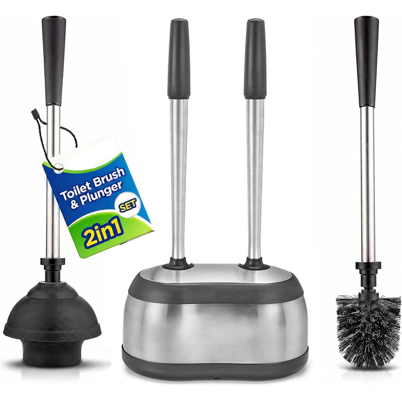 Toilet Brush and Plunger Set 18-in, Stainless Steel Toilet Scrubber Set with Freestanding Canister,...