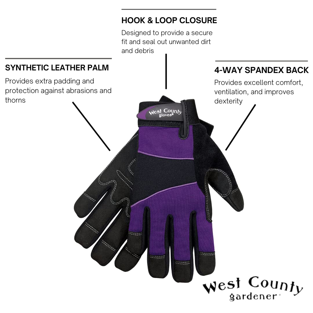 West Chester Protective Gear 012I/S - Guantes de jardinería para mujer, talla pequeña, Iris, guantes de trabajo con respaldo de licra de cuatro vías, puño ajustable