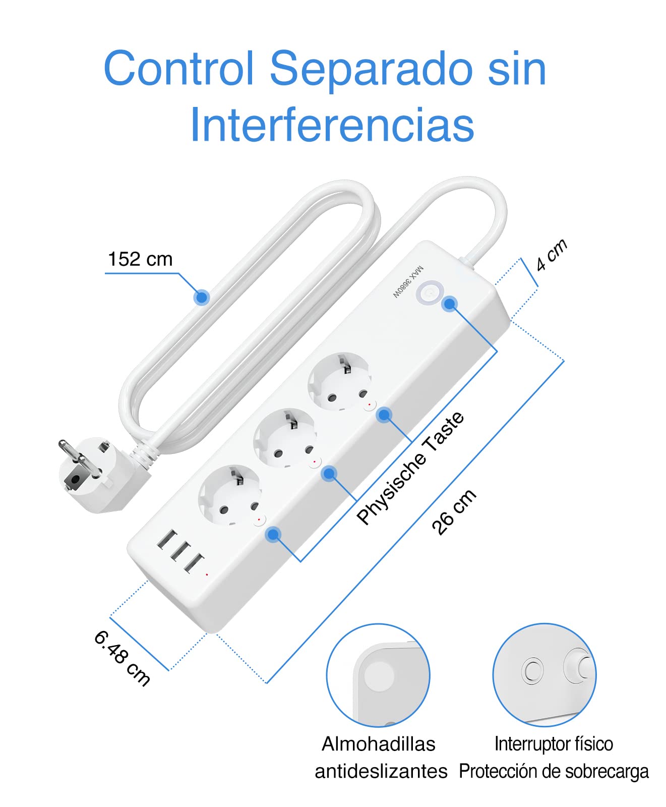 GHome Smart Inteligentna listwa zasilająca Alexa z 3 gniazdami i 3 USB, programowalna listwa zasilająca WiFi z monitorowaniem zużycia, funkcja Smart Plug Timer, kompatybilna z Alexa i Google Home, 1,5