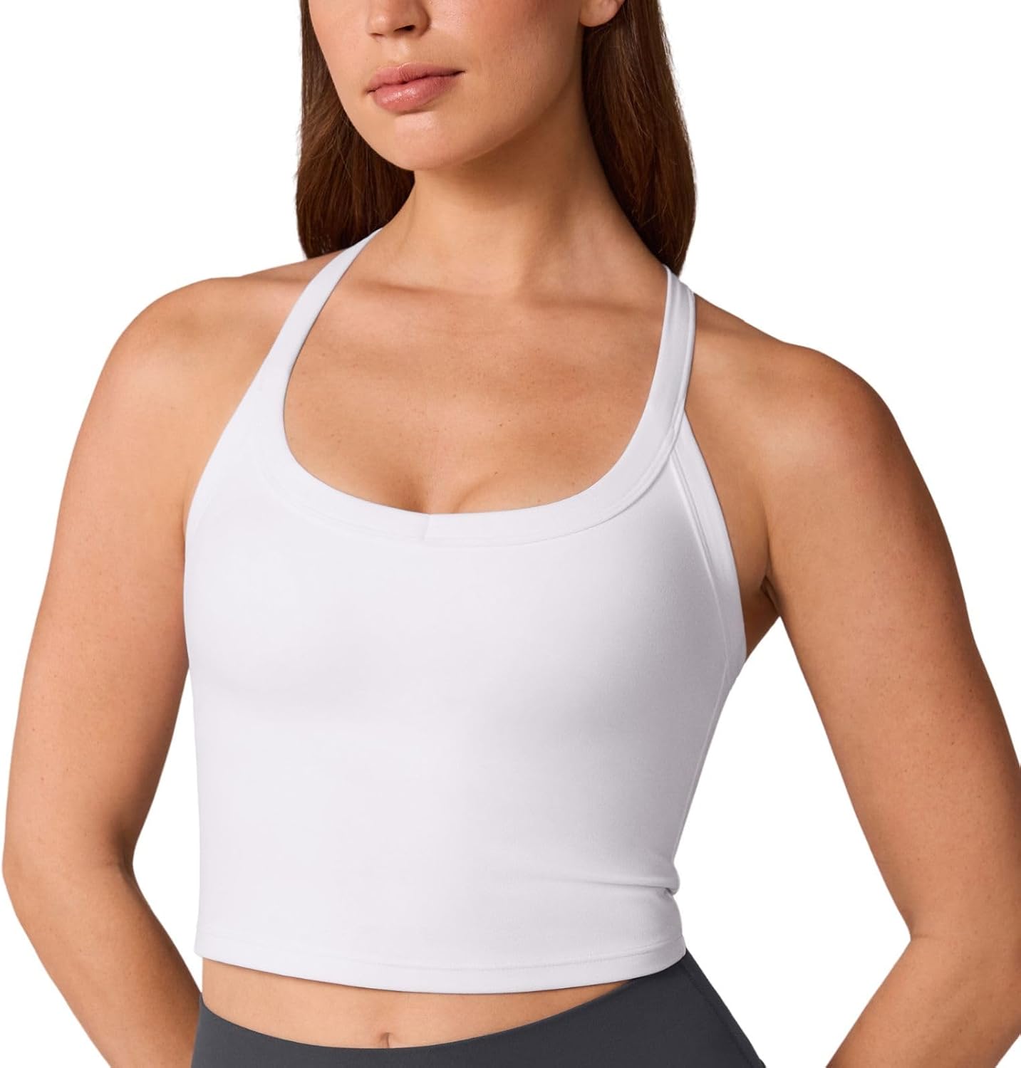 UNISSU Hugcurve Racerback Longline Sports Bra for Women Scoop Neck with Built in Bra Yoga Tank Crop Tops Padded Camisole