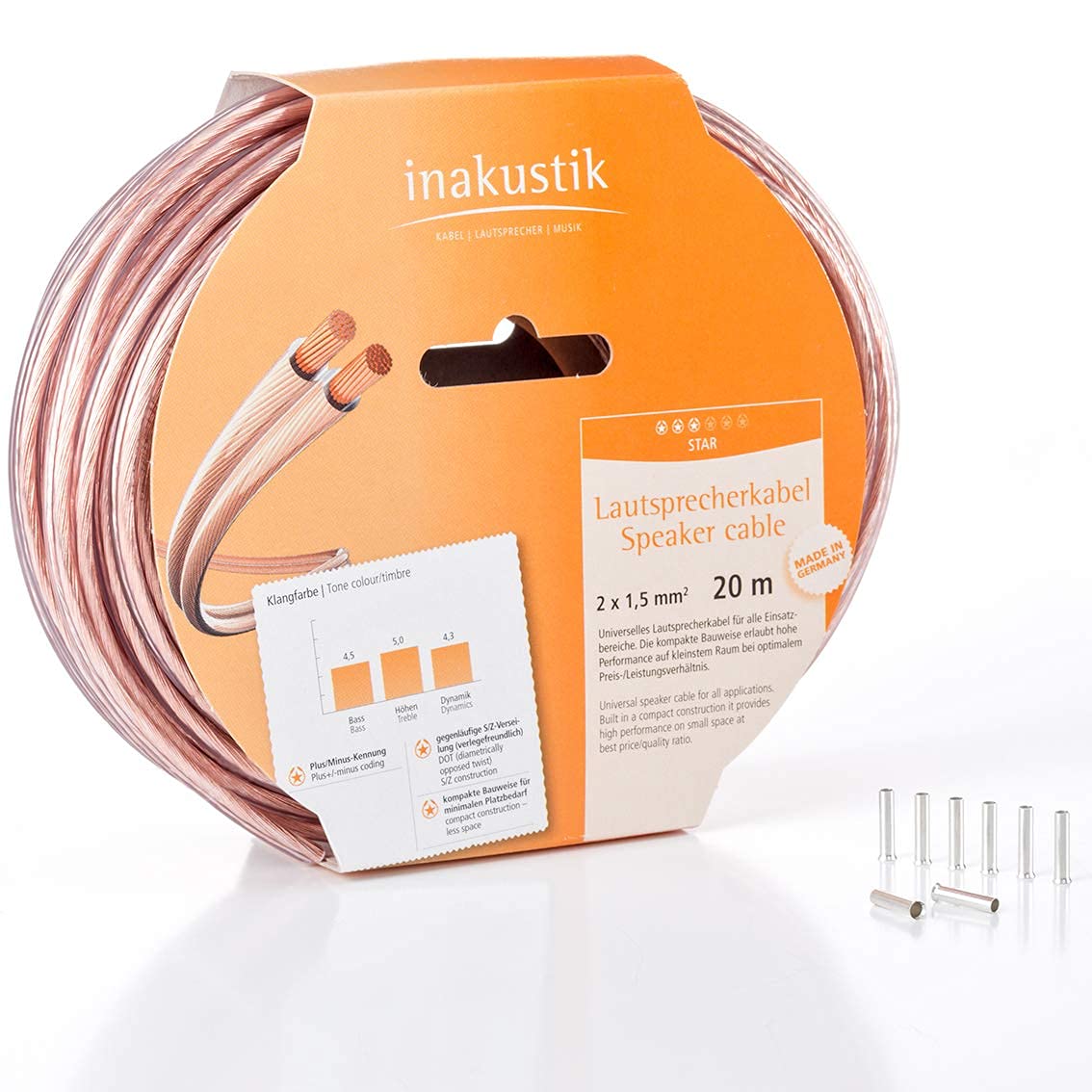 Inakustik Lautsprecherkabel 2x1.5mm², 10m Transparent - Made In Germany, Mit Aderendhülsen