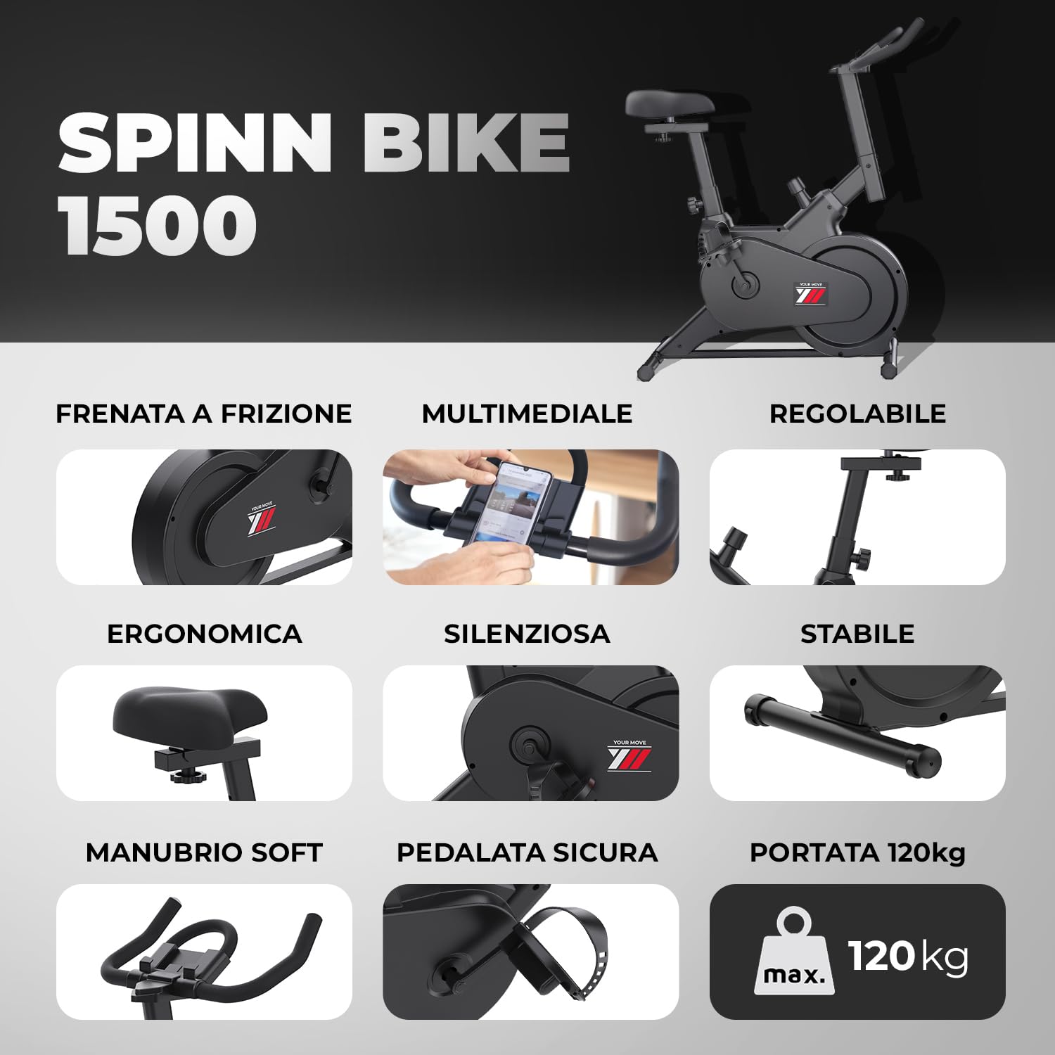 YM SPINN BIKE 1500 Bicicletta Cyclette Da Casa, Supporto Smartphone e Tablet, Sella Regolabile, Bluetooth, APP Kinomap, Zwift, Bitgym, Fithome, Regolazione Tensione, Compatta, Altezza max utente 170cm