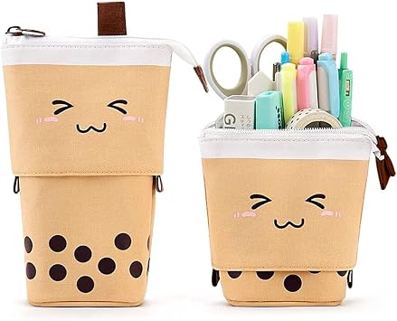 Pop Up Pen Box Makeup Bag Stand Up Bubble Tea Pen Holder Organizer Cosmetic Bag Kawaii Stationery (Brown)