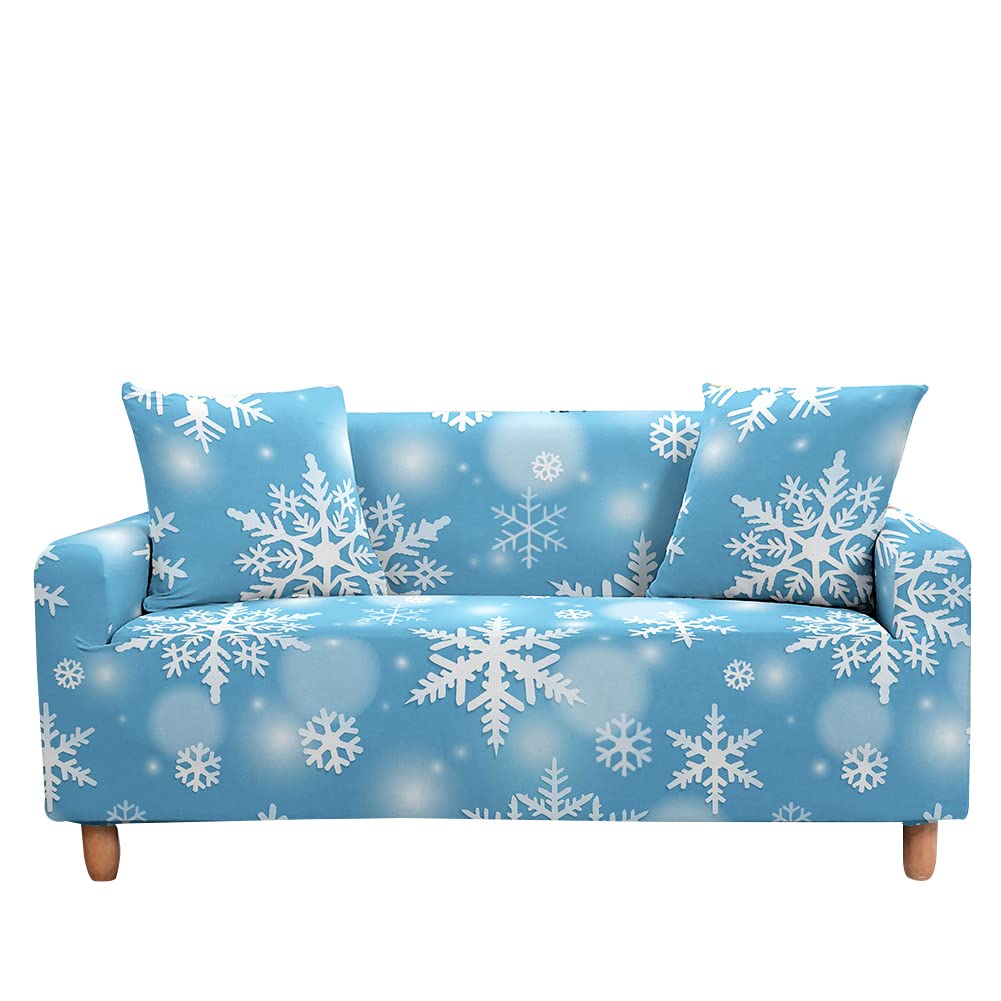 Highdi Navidad Funda de Sofá Elástica, Fundas para Sofá de 1/2/3/4 Plazas, Universal Funda Cubre Sofas Ajustables Protector Cubierta de Muebles (3 Plazas,Copo de Nieve - Azul)