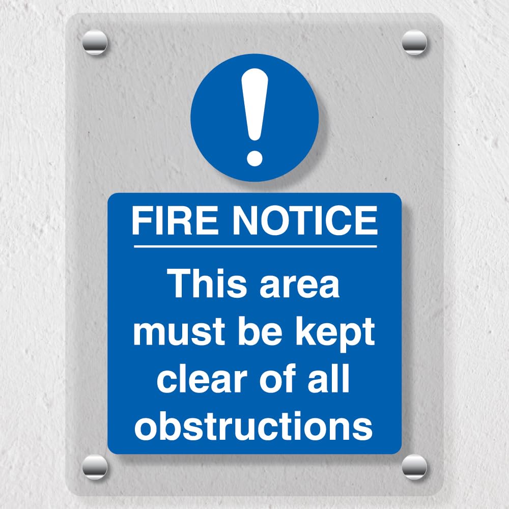 V Safety Fire Notice This Area Must Be Clear - 150 x 200 mm - Acrylic Perspex Cast Clear Safety Sign, Green