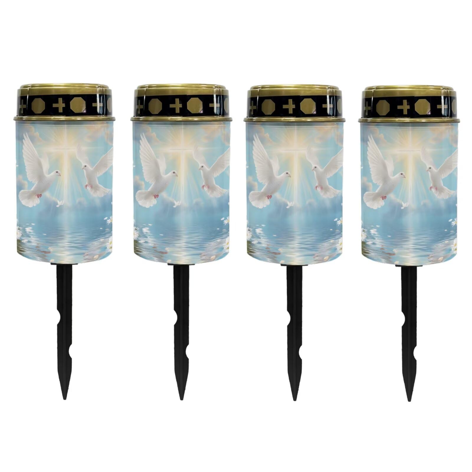 Poceacles Dove of Peace Cross Daisy Print Blue Solar Lights Outdoor Waterproof Cemetery Solar Outdoor Candle Grave Decoration Votive Candles Blessed Lights for Loss of Loves One, 4 Pieces