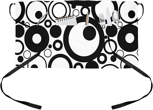 Delantal geométrico para camarera con bolsillos, moderno abstracto, negro, blanco, bohomia, cintura circular, media cocina, barbacoa, parrilla,