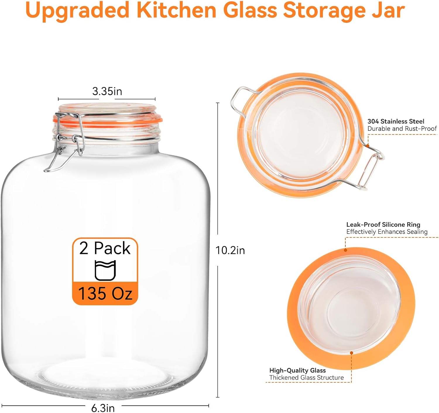 Glass Storage Jars with Airtight Lids - 2 Pack 135 Oz Food Containers Large Wide Mouth Kitchen Pantry Canisters Mason Jar for Flour Sugar Coffee Cookies Cereal Rice