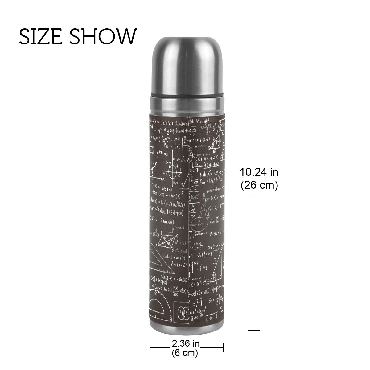 Taza de viaje aislada al vacío de acero inoxidable con doble pared a prueba de fugas, diseño de fórmulas matemáticas, estampado personalizado impreso en piel auténtica, termo termo de 500 ml