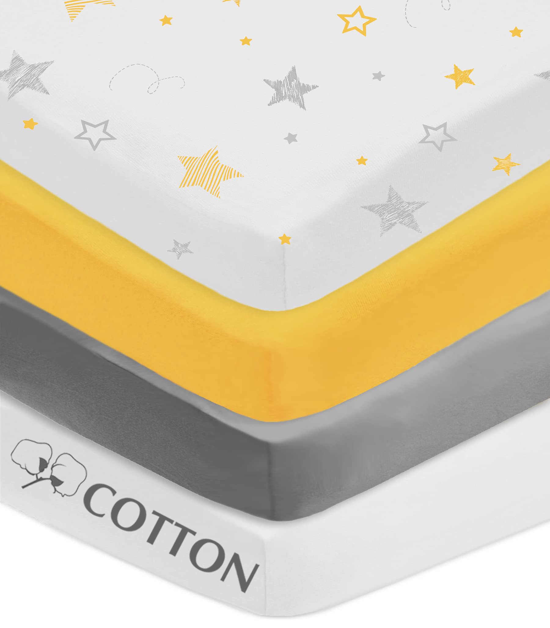 American Baby Company Paquete de 4 sábanas bajeras para Cuna, 71 x 132 cm, Suaves, Transpirables, neutrales, 100% algodón, Color Amarillo/Estrellas Amarillas/Gris/Blanco, para niños y niñas, se