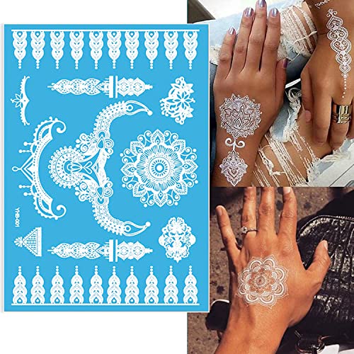 6 Sheets White Henna Temporary Tattoos for Women Girls Lace Fake Tattoo Stickers Mystery Sexy Mandala Flower Body Art Design Waterproof Henna Sticker DIY Goddess Look