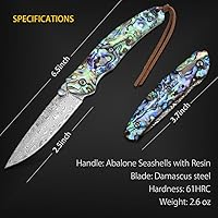 Vista 6 de NedFoss Cuchillo de bolsillo, cuchillo de bolsillo de damasco con mango de concha de abulón, cuchillo plegable de acero de Damasco forjado hecho a
