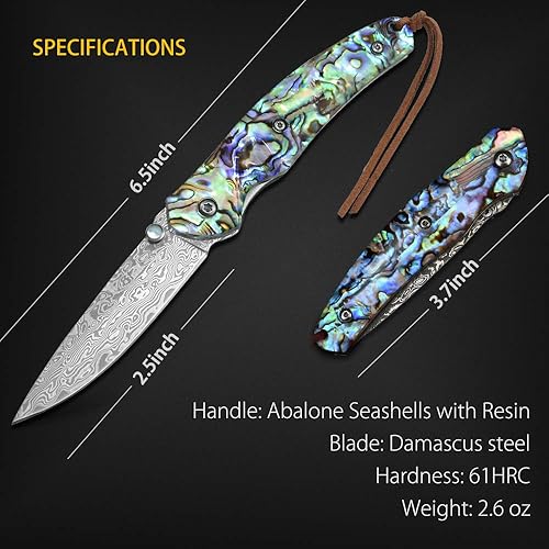 Miniatura 6 de NedFoss Cuchillo de bolsillo, cuchillo de bolsillo de damasco con mango de concha de abulón, cuchillo plegable de acero de Damasco forjado hecho a