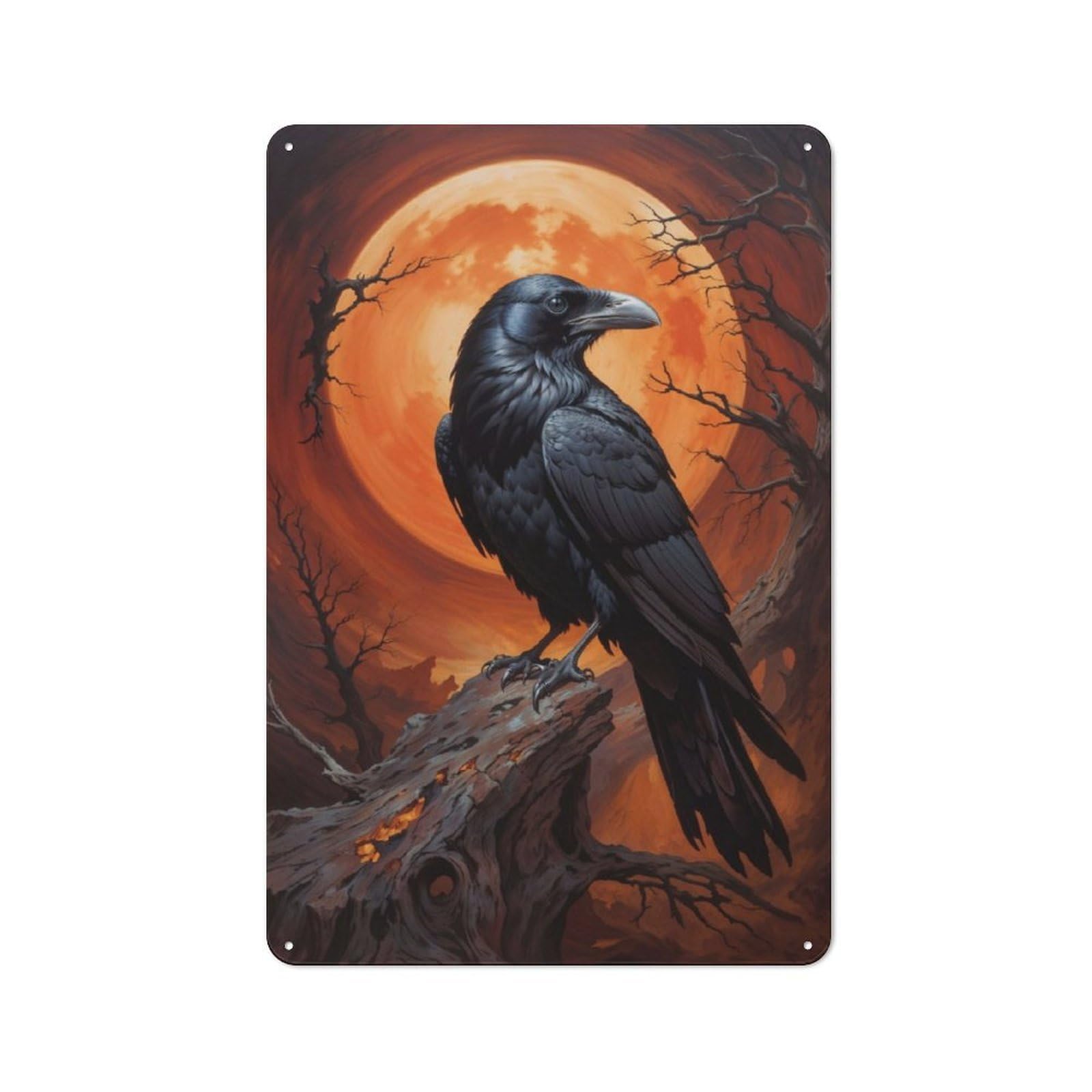 Junmoney Moonlit Raven Metal Plaque 30X20cm With For Workshop Wall, Retro Decor, For Garage, Workshop And Man Cave Decoration