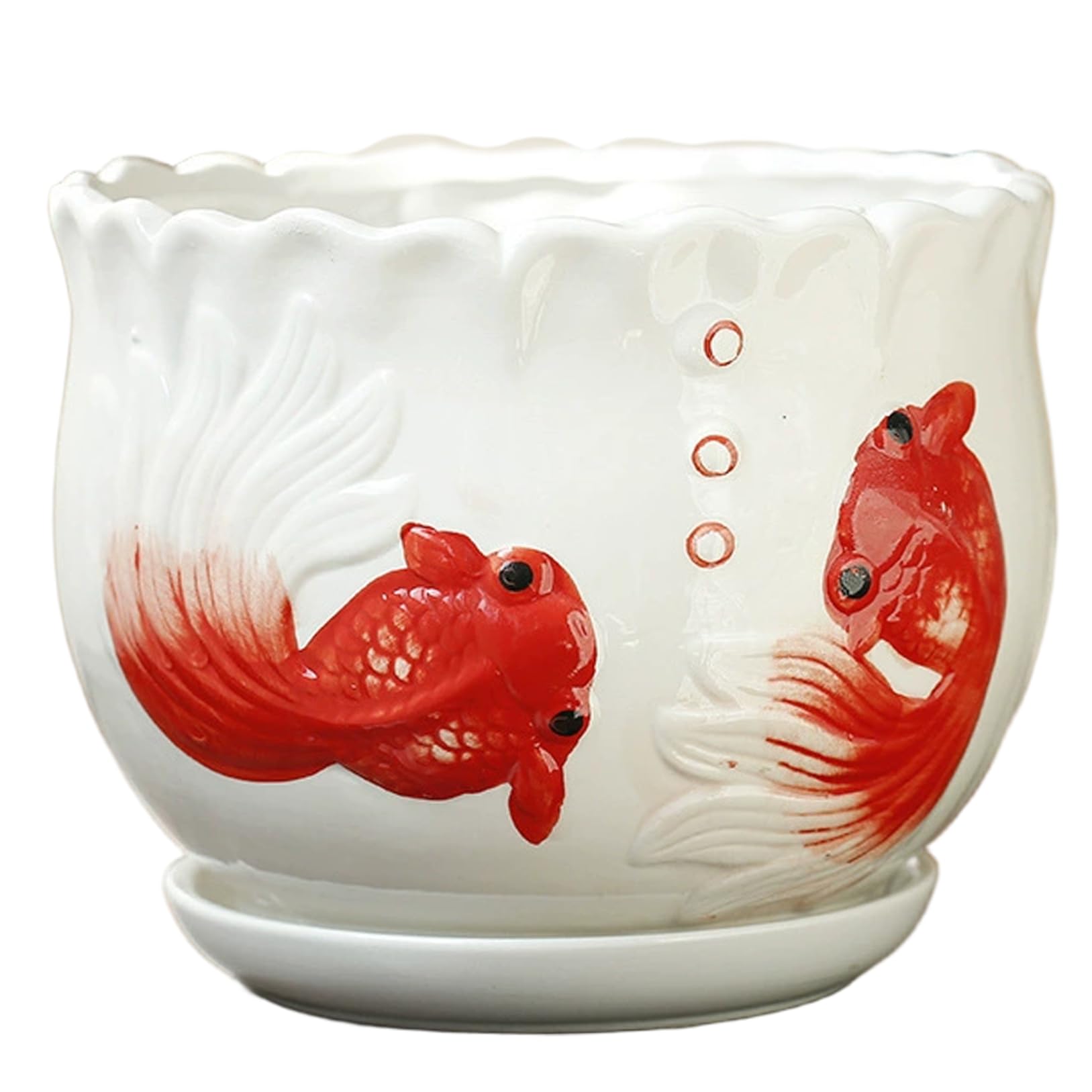 Bemonew White Ceramic Planter, 5.3In Vivid Fish Print Plant Pot With Drainage & Saucer Lifeful Flower Pot For Indoor & Outdoor