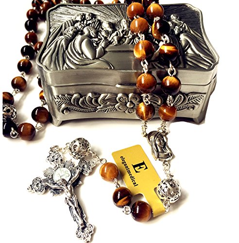 elegantmedical Bali Sterling Silver Beads & Tiger Eye GIFT CATHOLIC ROSARY CROSS NECKLACE BOX4