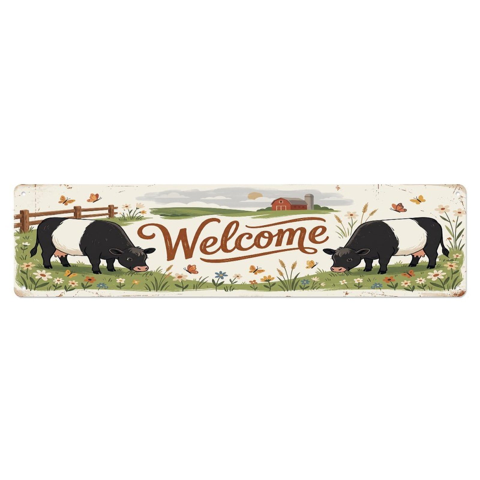 Cxhjca 4X16inch(10X40cm) Vintage Welcome Belted Galloway Cow Metal Tin Sign