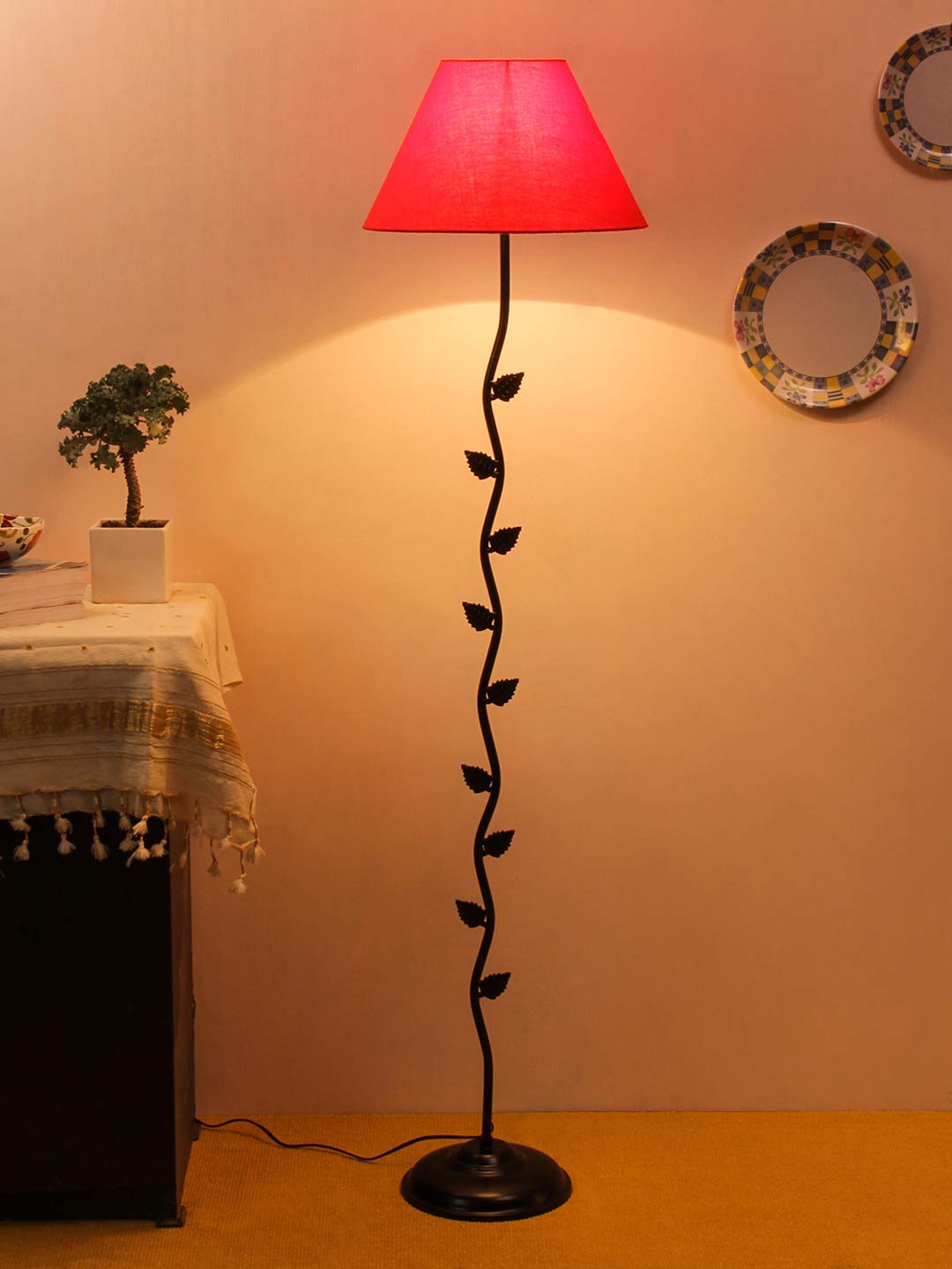 Conical Red Cotton Shade Leaf Floor Lamp with Black Base-picture-17