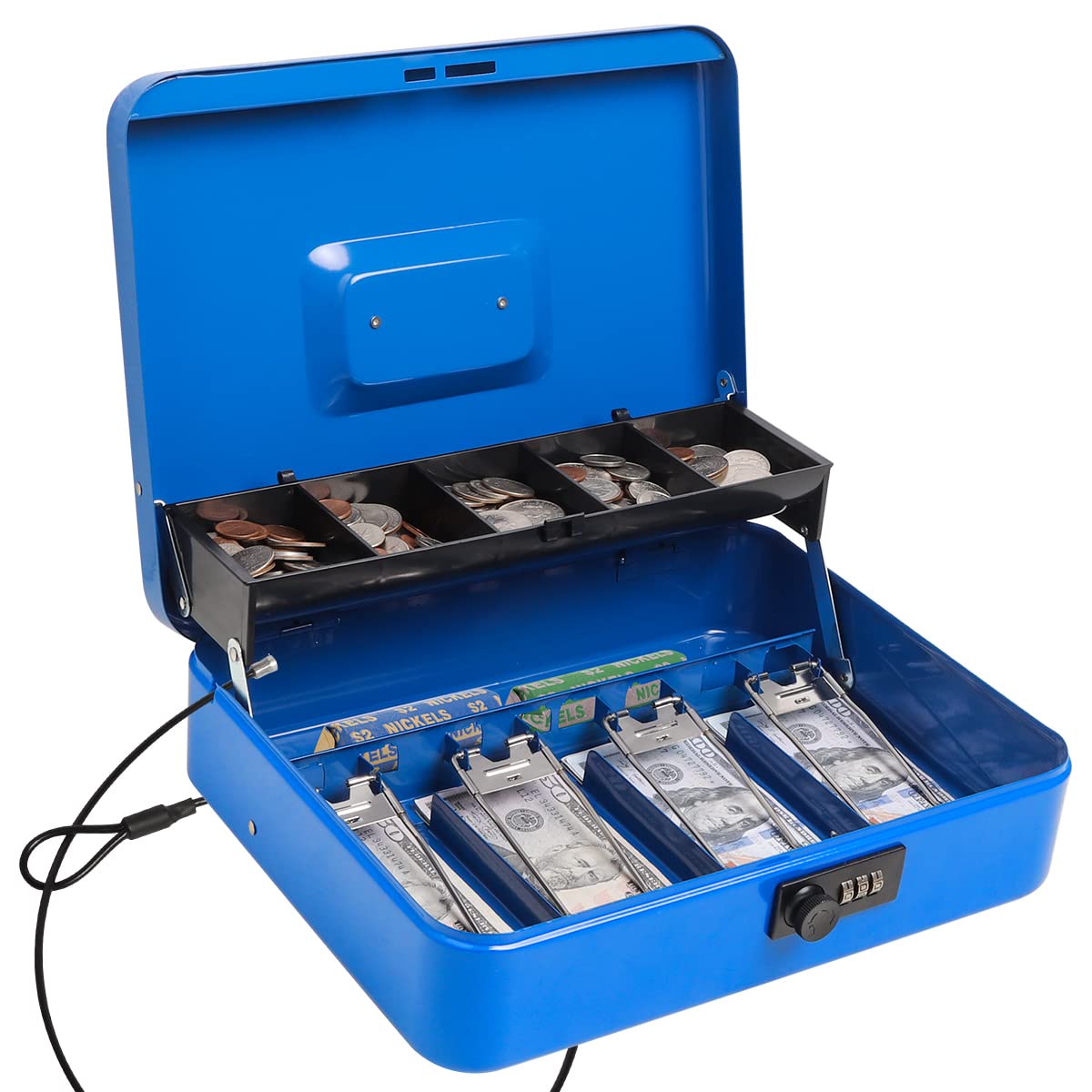 Cash Box with Combination Lock，Durable Metal Cash Box with Money Tray，Lock Box Safe Storage Security Locker with Security Cable,Blue