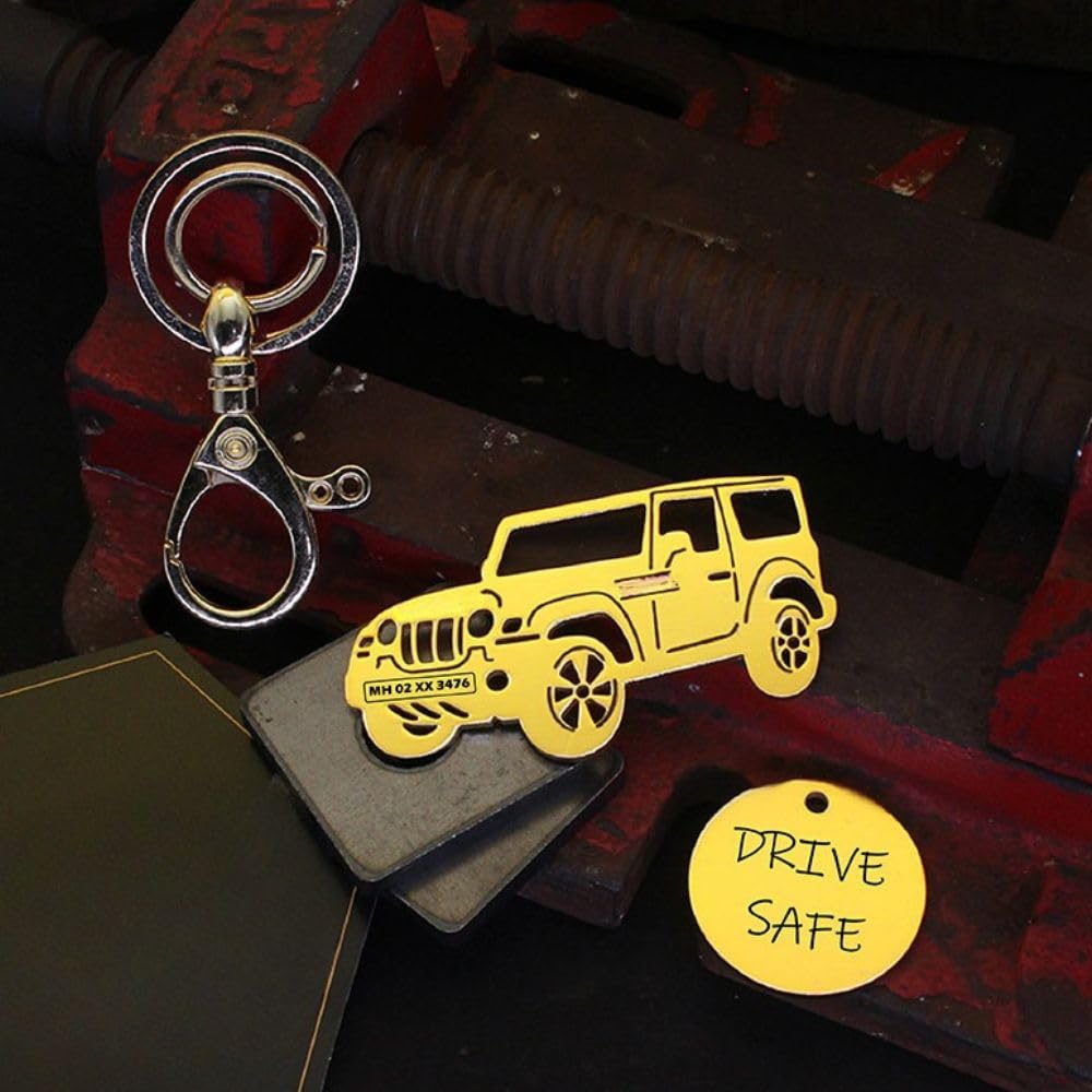 New Maahindr Thar 2022 Sideview Personalized Custom Number Plate Message Stainless Steel Car Keychain (Gold)-image-40