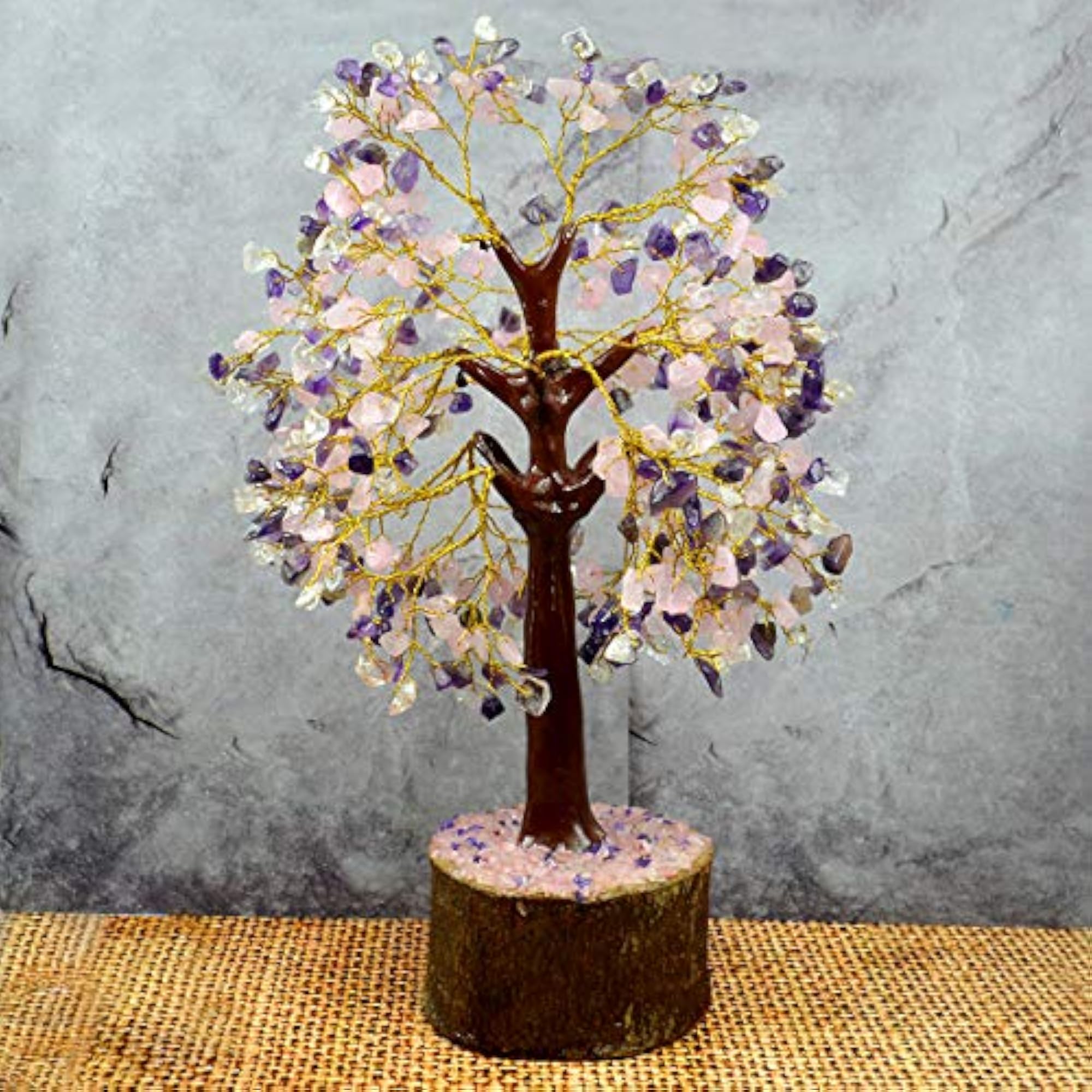 Mind Body Soul Tree Clear Quartz Stone Amethyst Rose Beads Showpiece