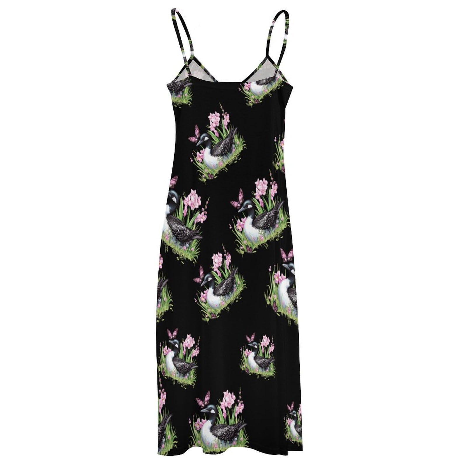 Vestido largo casual con estampado de flores y mariposas para mujer, con tirantes delgados ajustables, vestido de playa