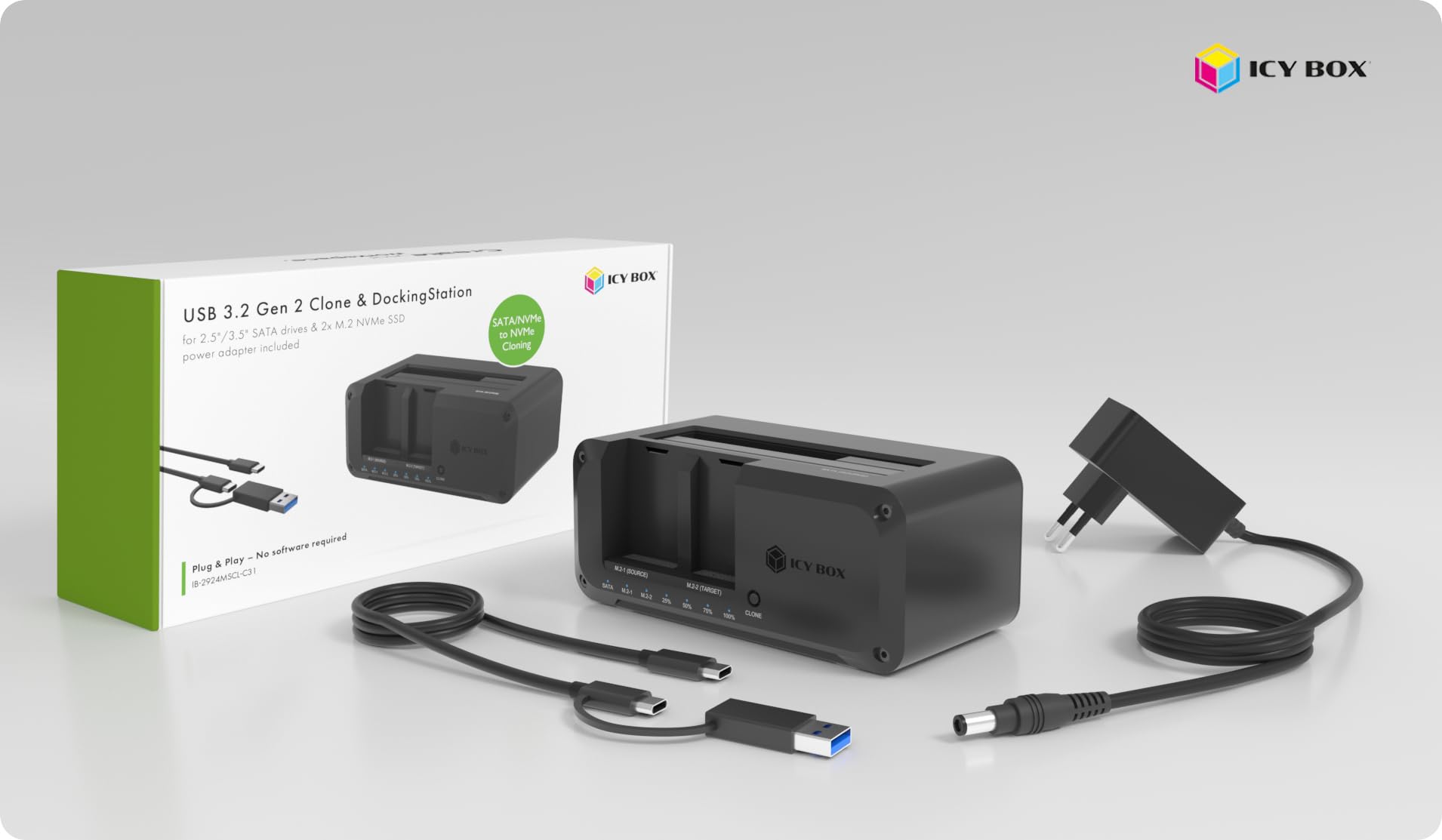 ICY BOX Station d'accueil pour disques M.2 NVMe et SATA, clonage bidirectionnel, USB 3.2 10 Gbit/s