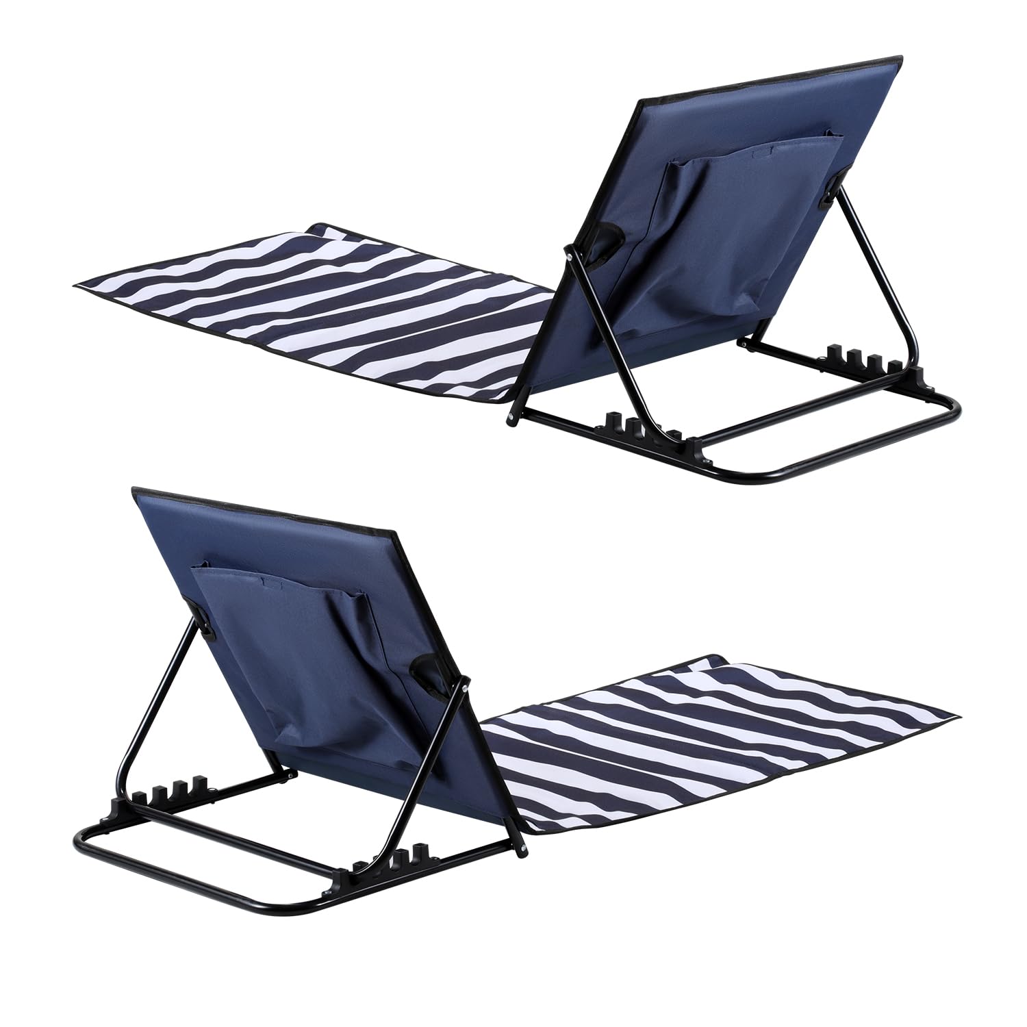 Juego de 2 tumbonas de playa plegables ligeras, 158 cm, esterilla de playa plegable con altura ajustable de 5 niveles, para exteriores, playa, camping, terraza, azul y blanco a rayas