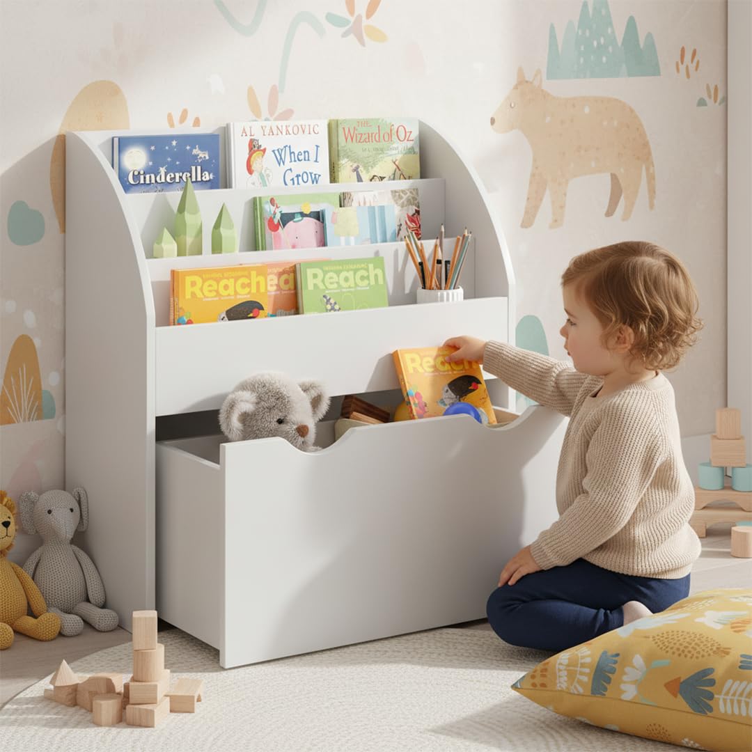 Bellabino Koro Bücherregal Kinder – Regal Kinderzimmer mit 3 Fächern für Bücher – Montessori Kinderregal mit Schublade – Spielzeugregal Aufbewahrung in Weiß – Spielregal aus Holz 79 x 34 x 72 cm