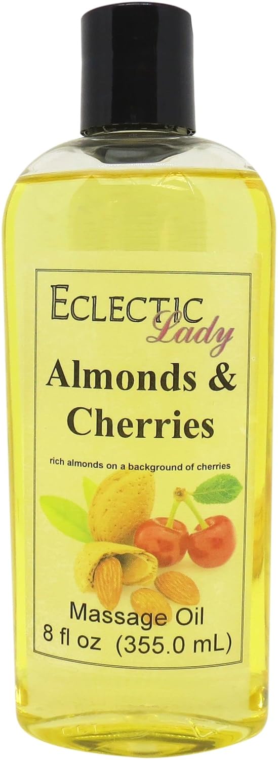 Almonds And Cherries Massage Oil, 16 oz, With Sweet Almond Oil and Jojoba Oil, Preservative Free, Perfect for Aromatherapy and Relaxation