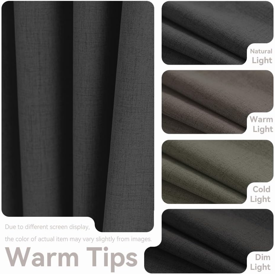 PFAS Free Black Linen Curtains 96 inch Length 2 Panels Set 100% Blackout Long Drapes for Bedroom Living Room Blackout Darkening Curtain Thermal Insulated (52x96 inch,Black) image 5
