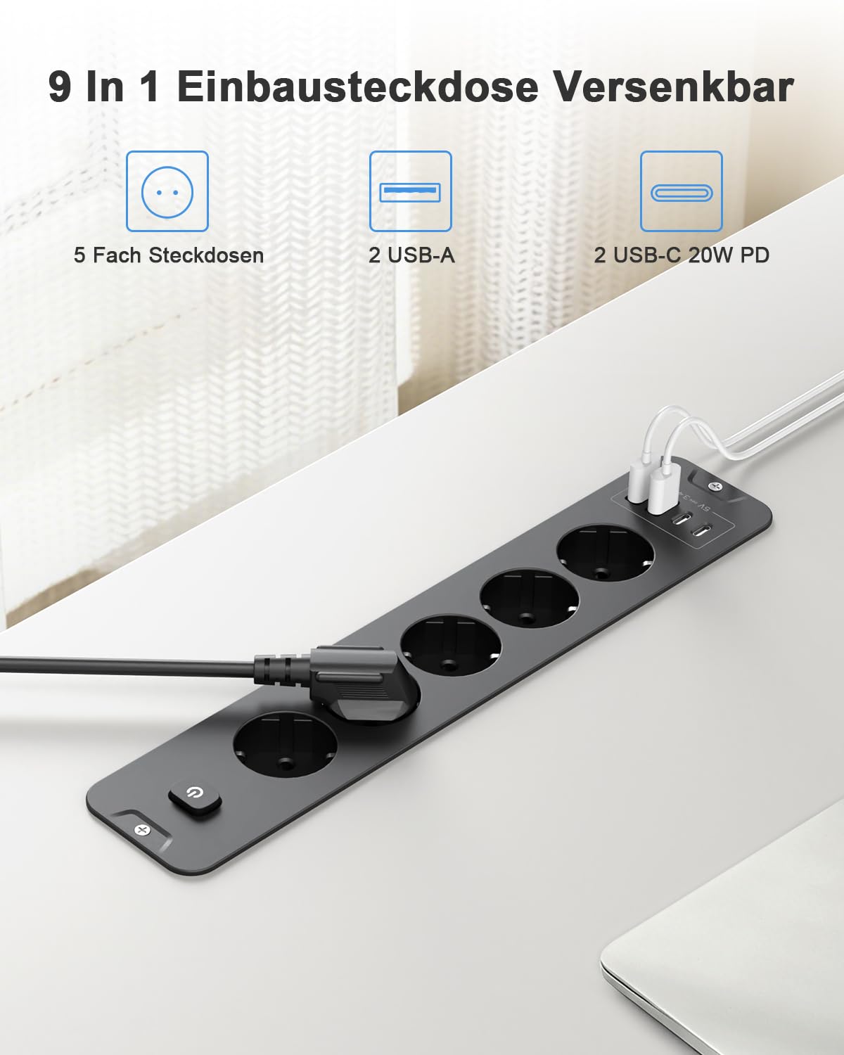 Ciabatta elettrica con USB, multipresa a 5 scomparti con interruttore, presa a scomparsa da tavolo, da cucina, con cavo da 2 m, per tavolo da conferenza, piano di lavoro, divano (nero, 5 scomparti)