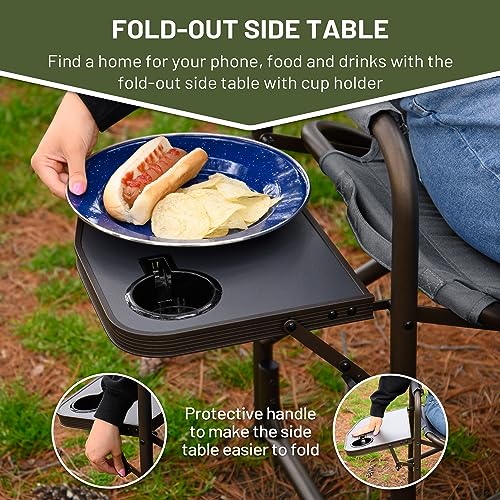 Timber Ridge Lightweight Camping Chair, Portable Laurel Director's Chair With Foldable Side Table, Cooler Bag & Mesh Pocket, Compact Outdoor Folding Lawn Chair, Supports 300Lbs, Grey #TOP3