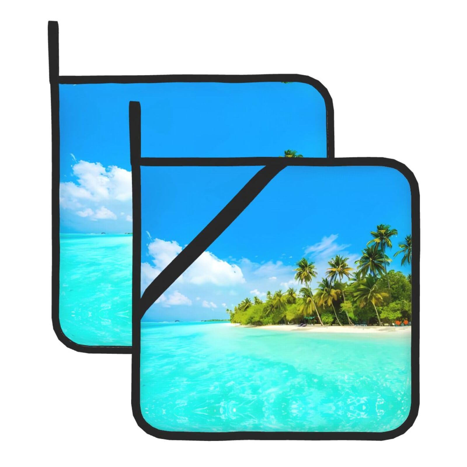 HJFCZH Island with Sandy Beach and Palm Tree Prints Square Hot Pads for Kitchen Counter - Waterproof Pot Holders, Durable Heat Resistant Throw Layers for Serving, Oven & BBQ - 2 Pack