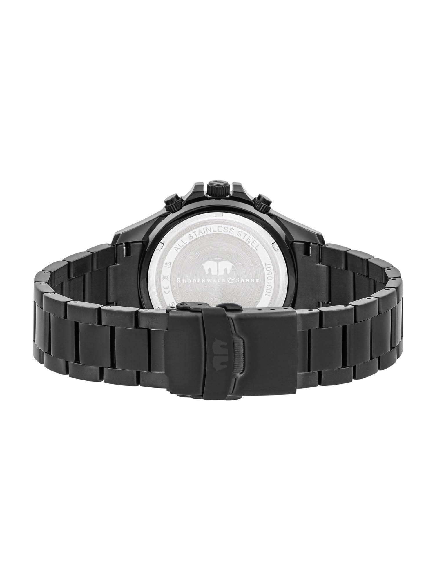 Rhodenwald & Söhne Herren Uhr Edelstahl schwarz Quarzwerk 5 ATM | Edelstahl Armband, schwarz, Gliederarmband, Chronograph, Zifferblatt schwarz, Mineralglas, Armbanduhr