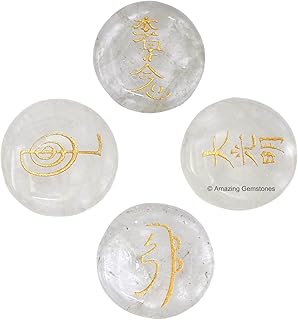 Clear Quartz Crystal Reiki Stones with Engraved Symbols for Usui Reiki Healing, Set of 4 Pcs (Indian Handmade Reiki Gift Set)