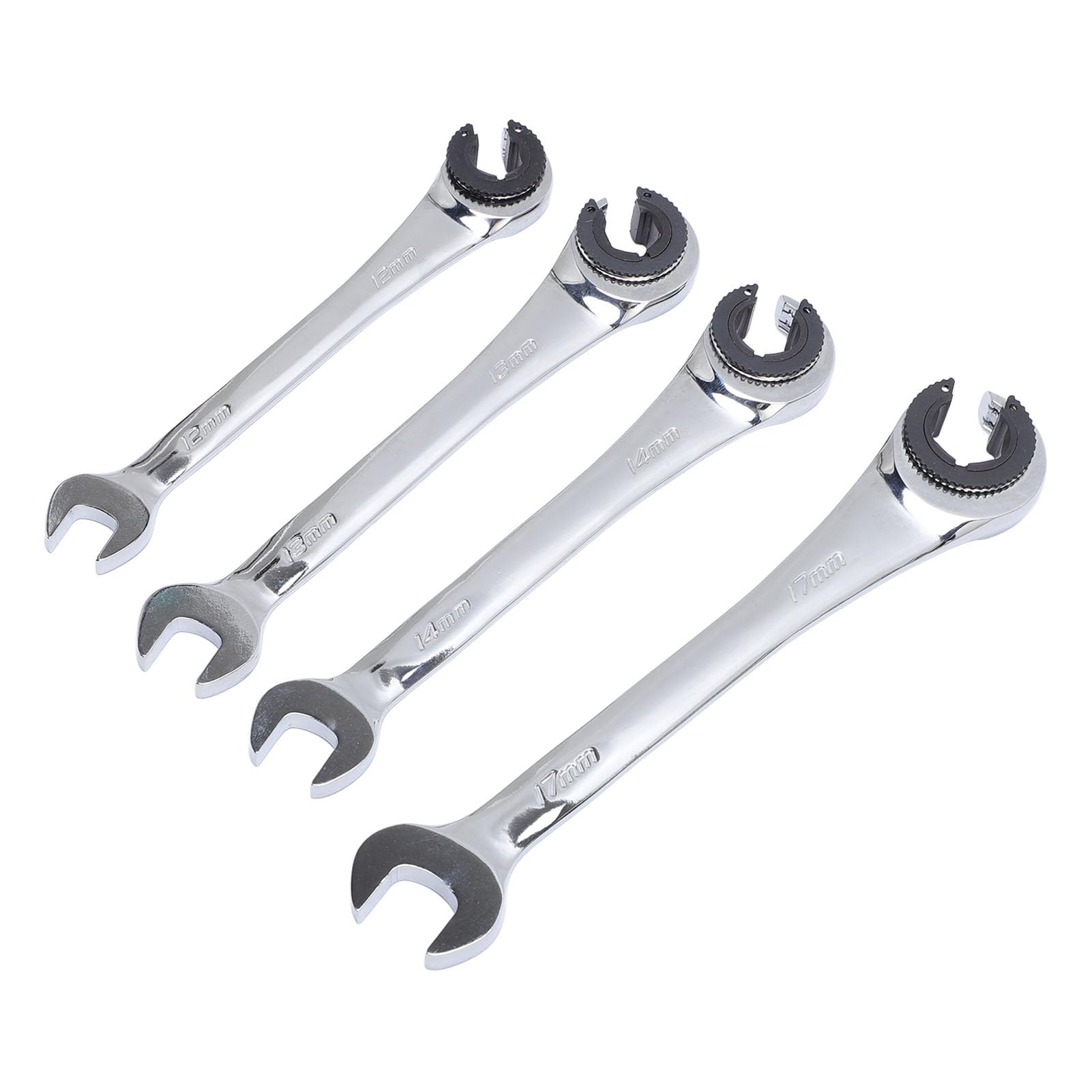 6-częściowy zestaw metrycznych kluczy nasadowych z grzechotką otwartą — rozmiary 10 mm, 12 mm, 13 mm, 14 mm, 15 mm i 17 mm z kątem obrotu 5 stopni — do przewodów hamulcowych i