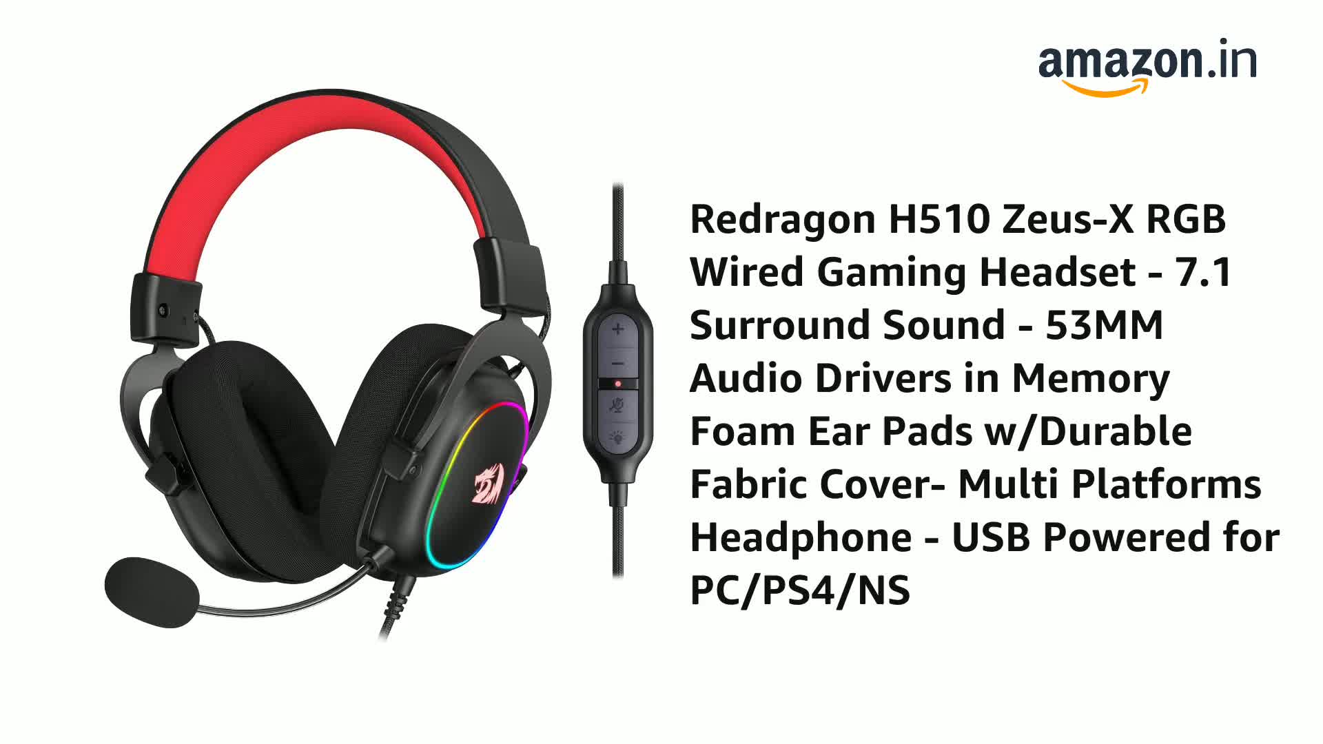 Redragon H510 Zeus-X RGB Wired Gaming Headset - 7.1 Surround Sound - 53MM  Audio Drivers in Memory Foam Ear Pads w/Durable Fabric Cover- Multi  Platforms Headphone - USB Powered for PC/PS4/NS :