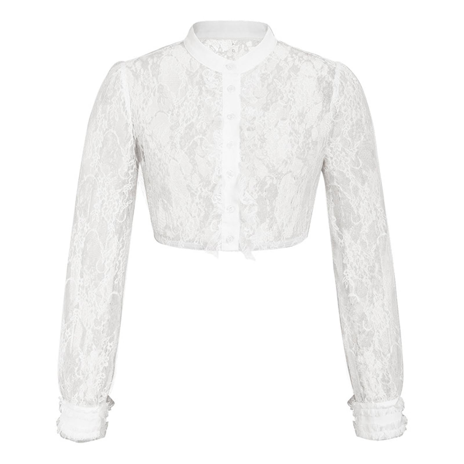 Generisch Camicetta tradizionale da donna con maniche ad aletta, in pizzo trasparente, elegante, con bordo in pizzo sulla parte superiore, scollo curvo in raso, versatile e formale