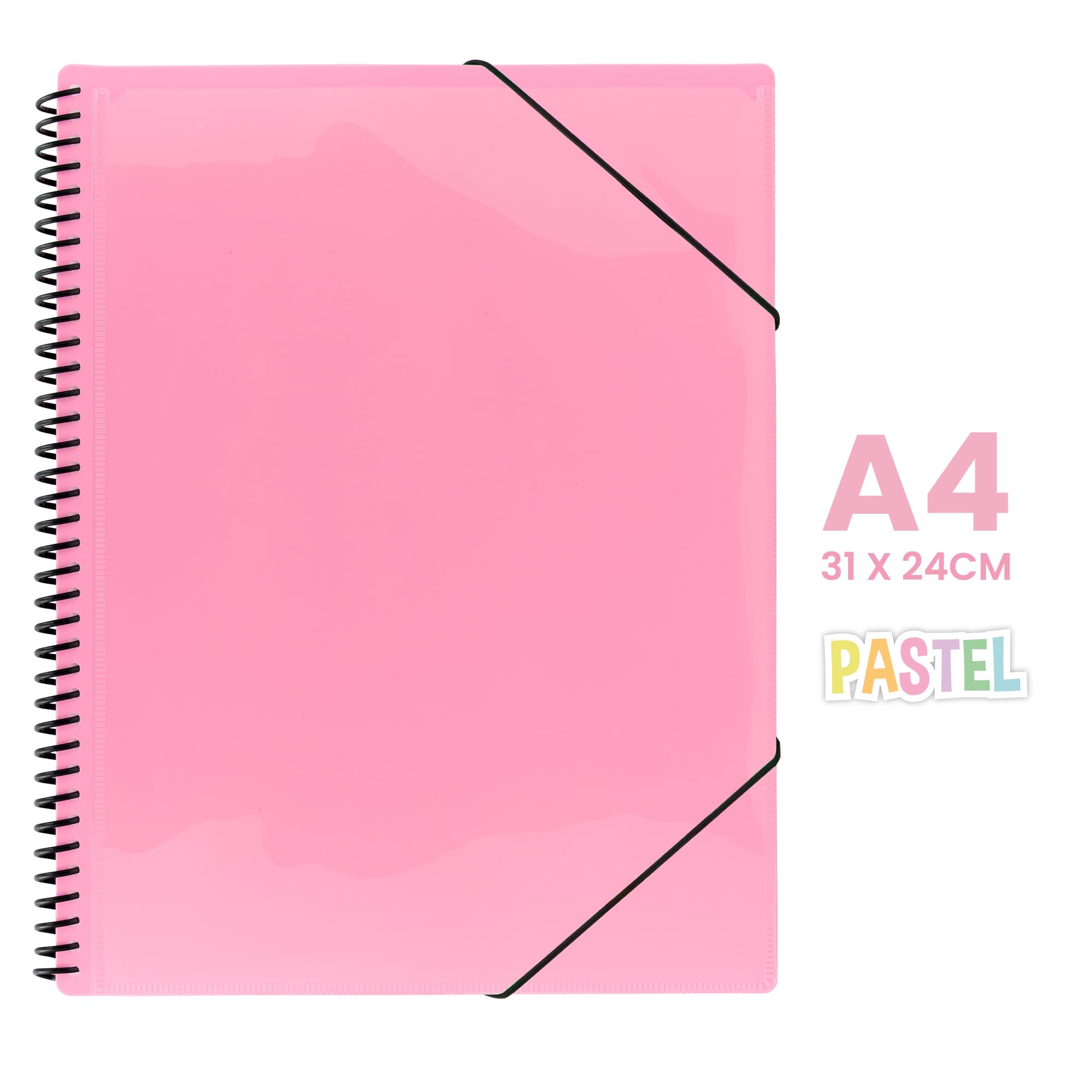 Starplast Dossier Pochettes spiralées flexibles - 40 pochettes transparentes, A4, fermeture élastique, couverture en polypropylène, personnalisable, utilisation scolaire et de bureau - rose pastel