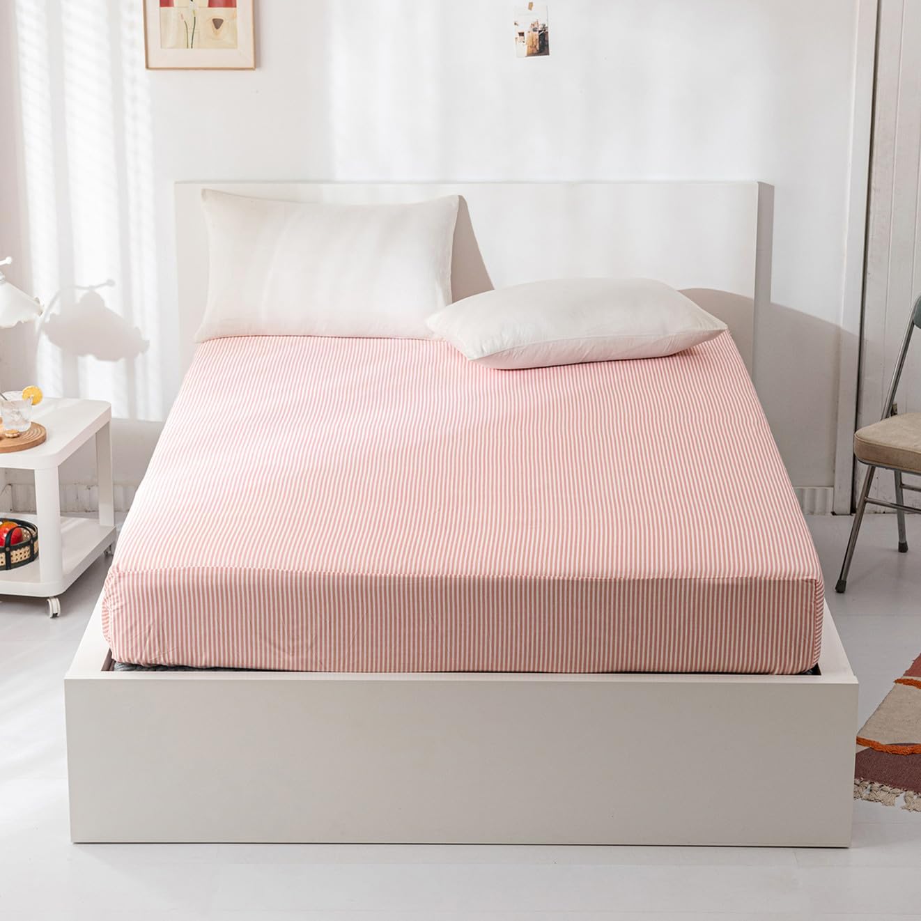 HighBuy Cooling Fitted Sheet Queen - Soft 100% Cotton Sateen Pink Stripe Deep Pocket - Durable All-Around Elastic fits 15 inch Mattress - Queen Fitted Sheet for Teen College Dorm