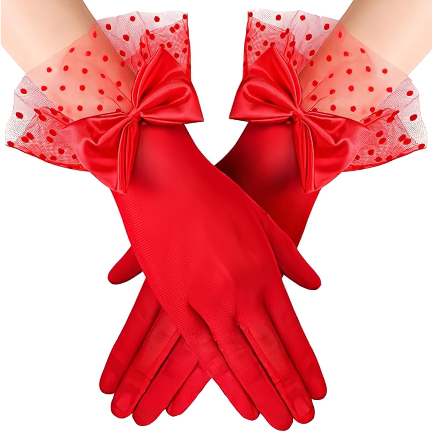 Red Lace Gloves for Women - Breathable Fabric, Elegant Design, Comfort Fit Mesh Material | Bow Accent | Wedding Ready | Party Use | Soft Fit | Hand Wash-image-1