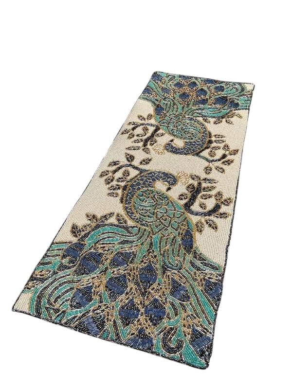 MFU-MADE FOR YOU Handmade Beaded Peacock Design Table Runner (13x36 Inches, Pack of 1) | Decorative Centerpiece for Dining Table, Living Room, Wedding, Events & Seasonal Use