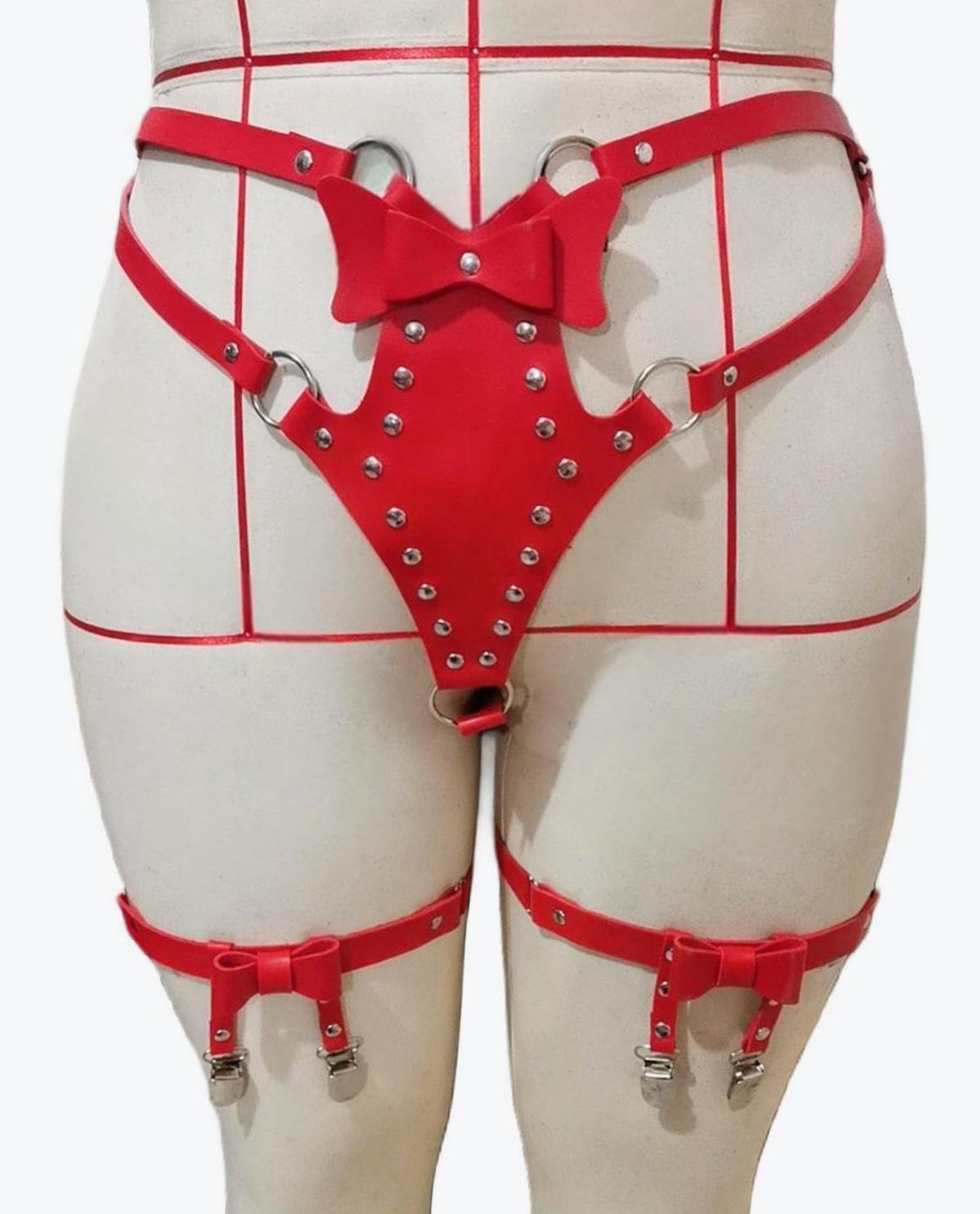 Women Punk Panty PU Leather G-string with Adjustable Bows Leg Garter Straps Gothic Chic Fashion