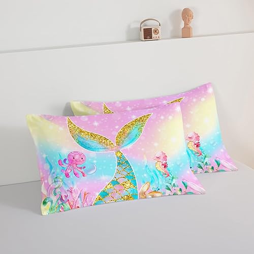 Miniatura 5 de HOSIMA Edredón de sirena con 2 fundas de almohada, juego de ropa de cama de arcoíris femenino con cola de sirena, juego de cama tamaño matrimonial