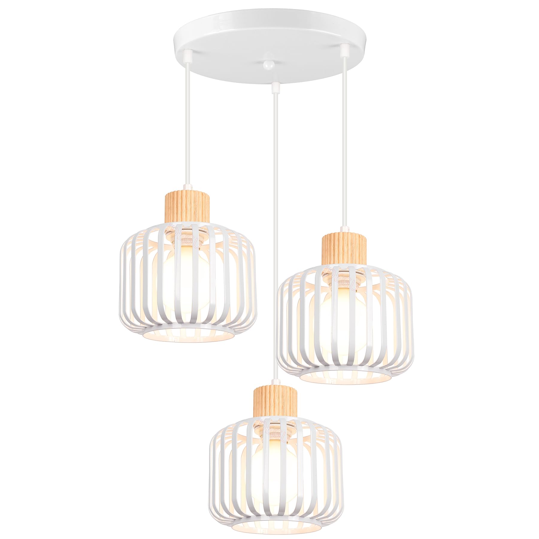 iDEGU 3-flammig Pendelleuchte Retro Vintage Hängelampe aus Holz Metall Industrie Lampe Käfig Lampenschirm E27 Deckenleuchte Moderne Hängeleuchte für Wohnzimmer Küche Esszimmer Cafe (Rondell, Weiß)