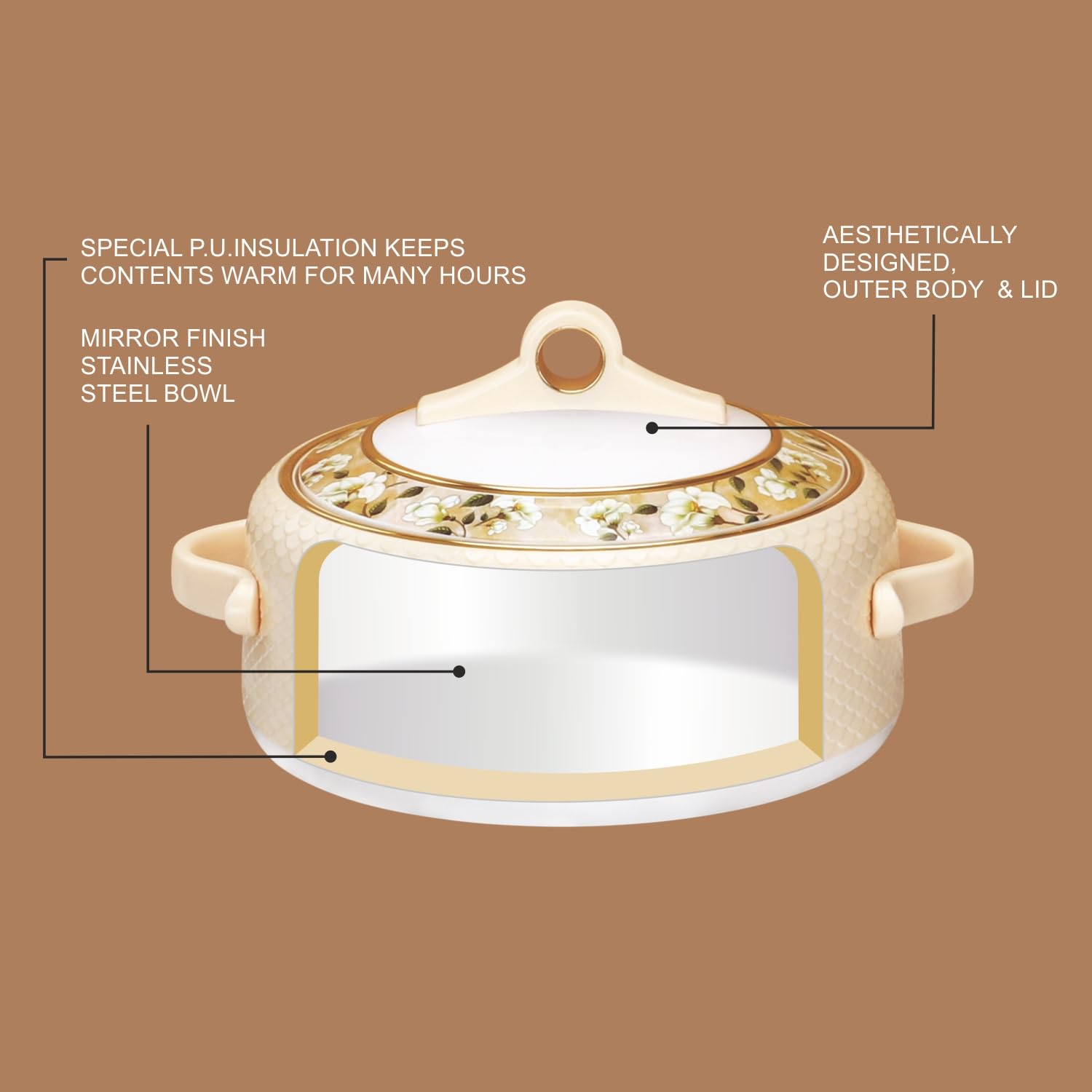 Nayasa Coral Insulated Inner Stainless Steel Casserole Set of 3 (1000ml, 1500ml, 2000ml) - Cream 4