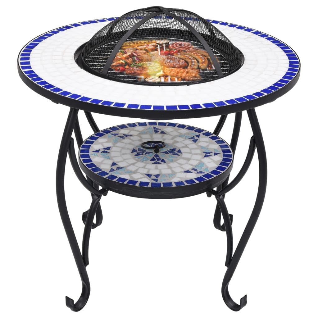 vidaXL Mesita de Jardín con Brasero Mesa de Exterior con Estufa de Candela Fuego Calentador Barbacoa Llamas Fuego Mosaico Cerámica Azul Blanco