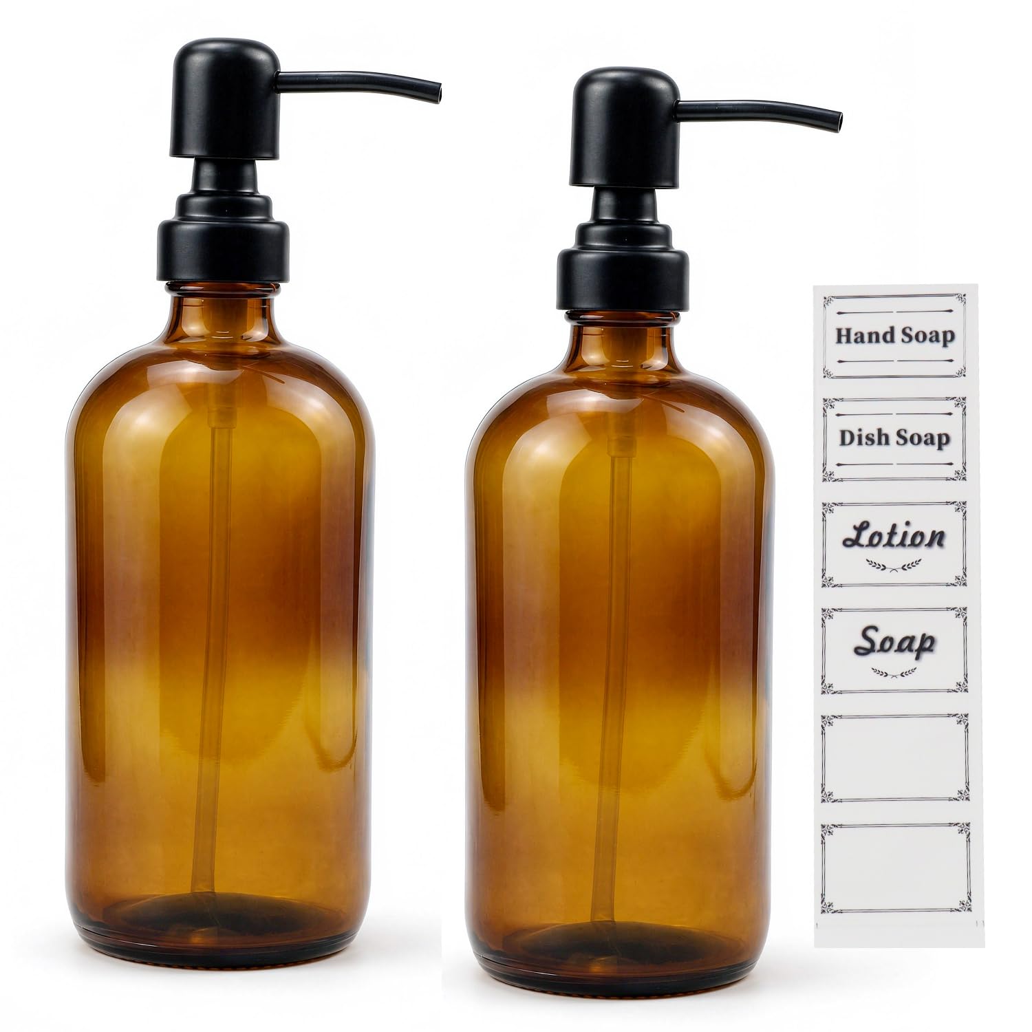 2 Pcs Glass Hand Soap Dispenser, 500ml Brown Washing Up Liquid Dispensers
