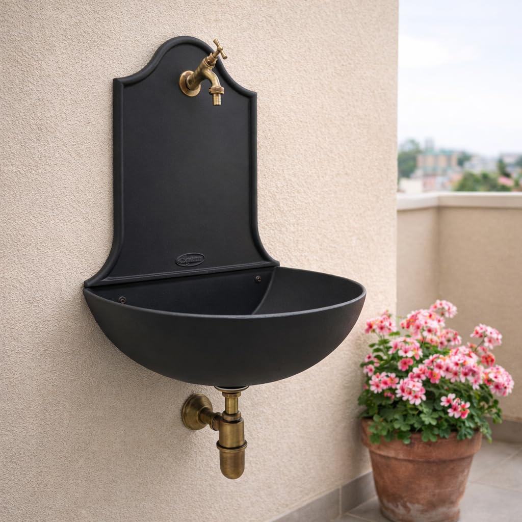 FONDERIA BONGIOVANNI | Fontanella da Giardino | Fontana a Muro | Modello Marbella | con Rubinetto e sifone Ottone | per casa Giardino | fontanella da Esterno| Fontana da Giardino Esterno | Brunito